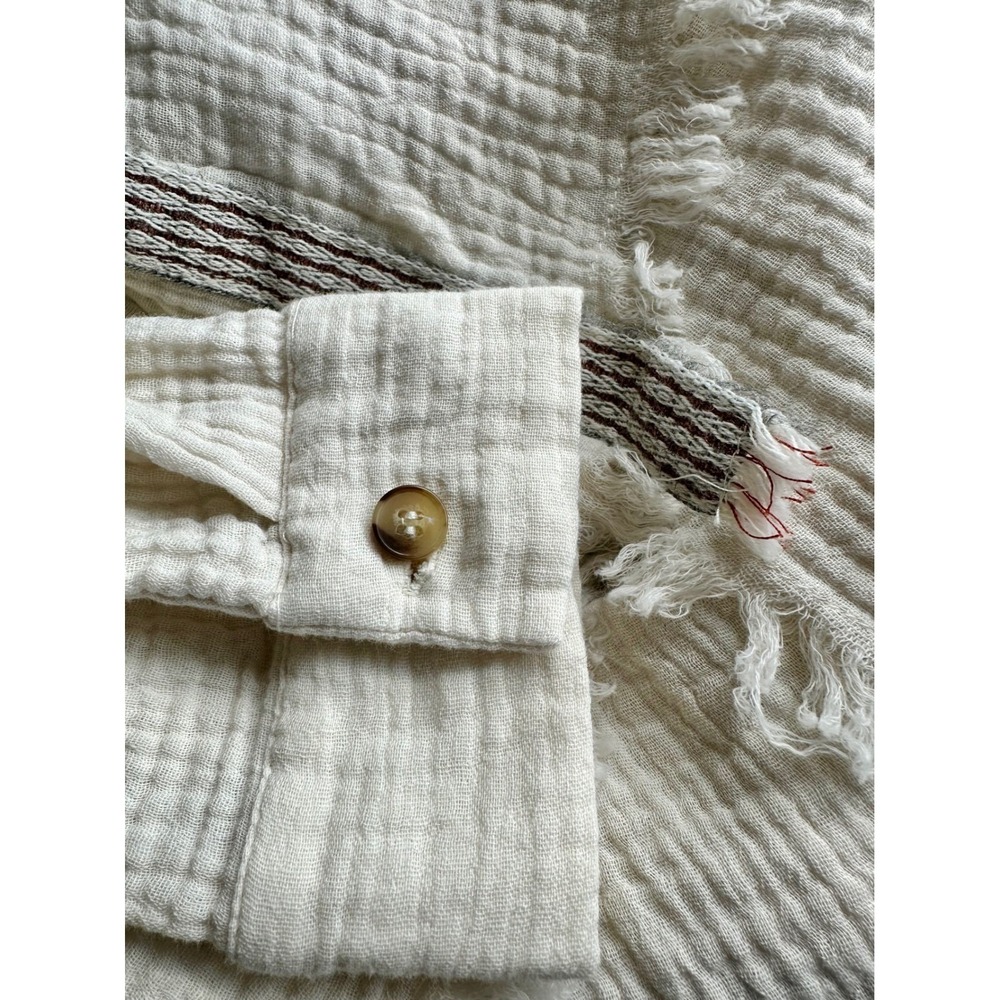 Hem & Thread Cream Cotton Gauze Frayed Hem Button Down Shirt Womens Lg Lagenlook - Picture 7 of 16